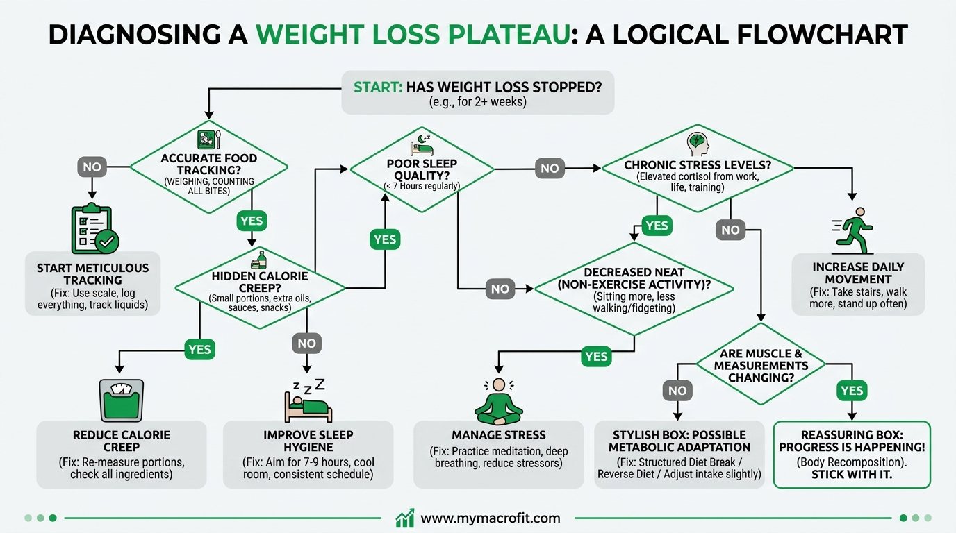 Weight loss plateau diagnosis flowchart, how to identify the cause of your stall and apply the right fix