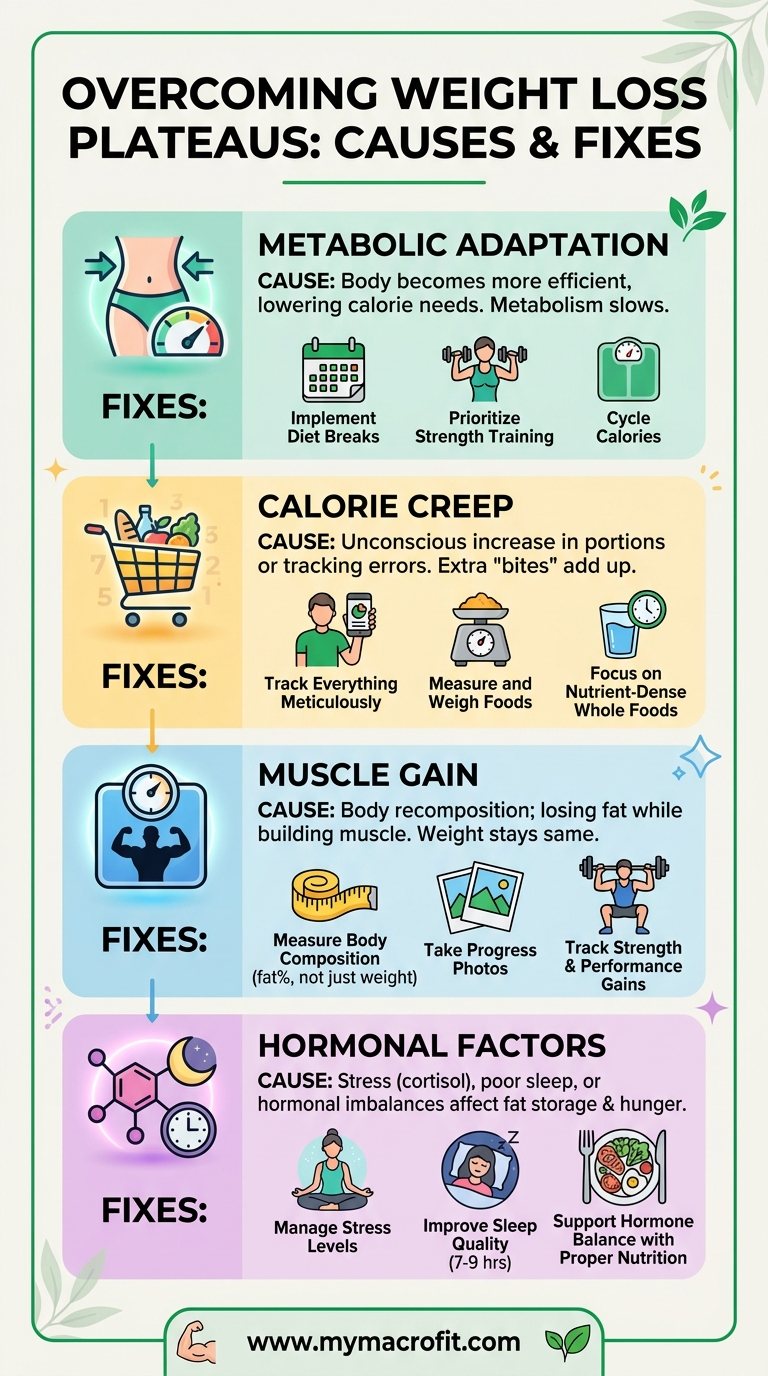Weight loss plateau causes and fixes, metabolic adaptation, calorie creep, muscle gain, hormonal factors and diet break strategies