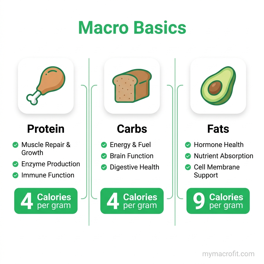 The 3 Macronutrients, protein, carbs, and fat with calorie counts per gram