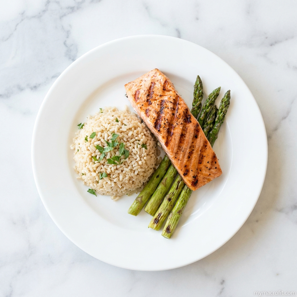 Macro tracking in practice, a food scale, tracking app and high-protein meal showing daily macro breakdown