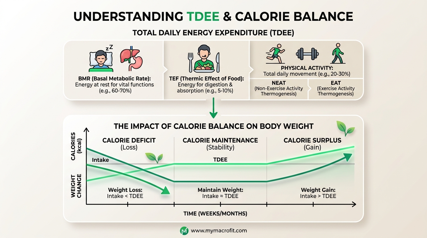 Calorie balance diagram, TDEE components and how calorie deficit, balance and surplus affect body weight
