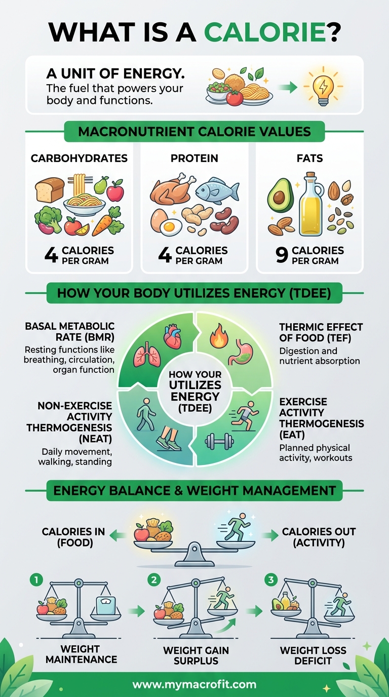 What is a calorie, energy balance, macronutrient calories, and how your body uses food energy