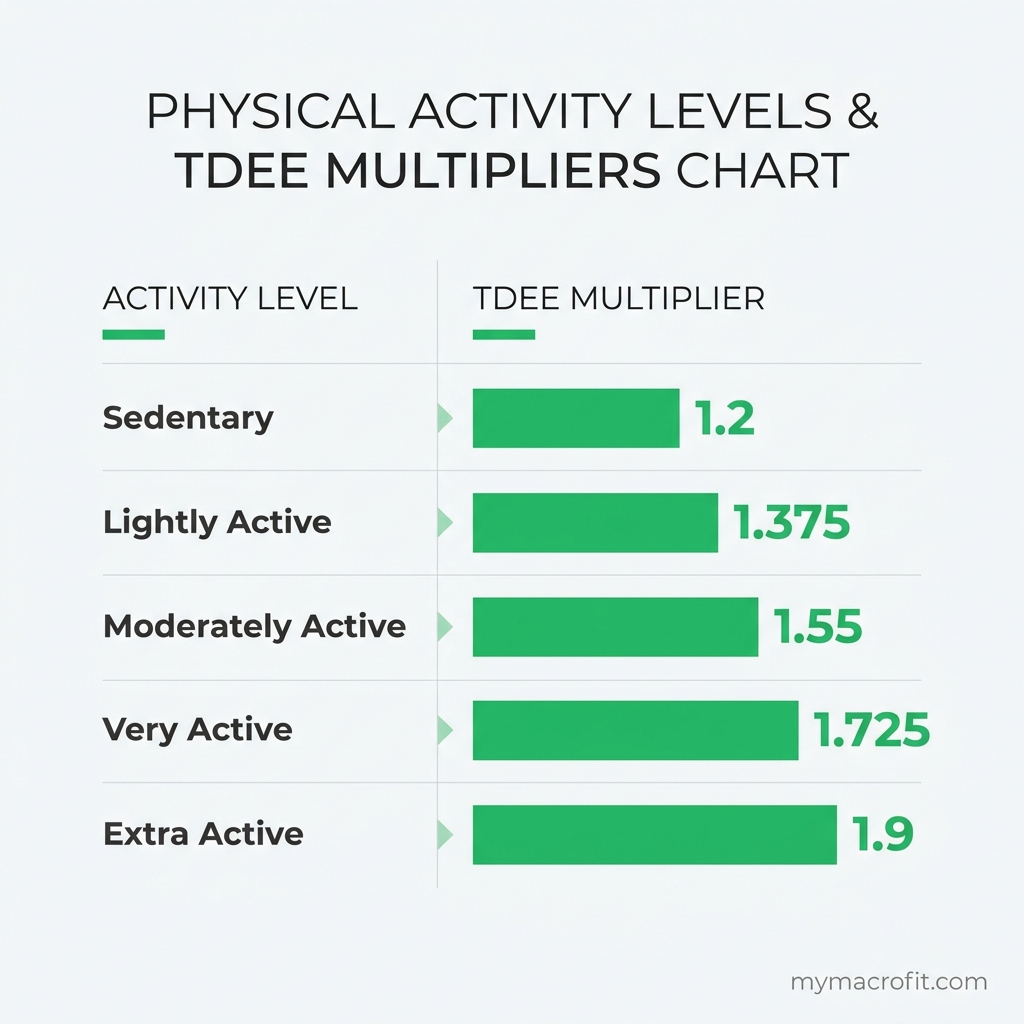 TDEE activity multiplier chart, sedentary 1.2 through extra active 1.9 with real-world descriptions of each level