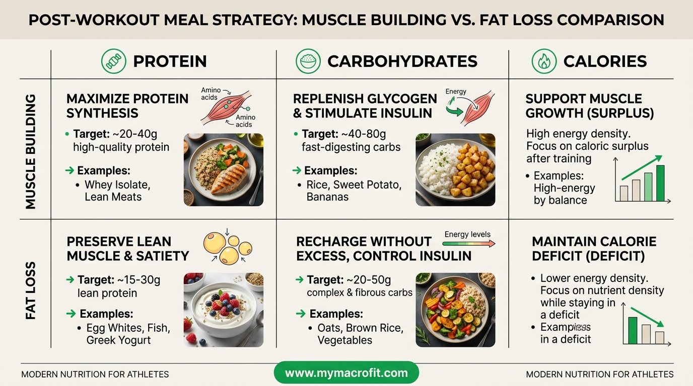 Post-workout meal comparison, protein, carbs and calories for muscle building vs fat loss goals with meal examples