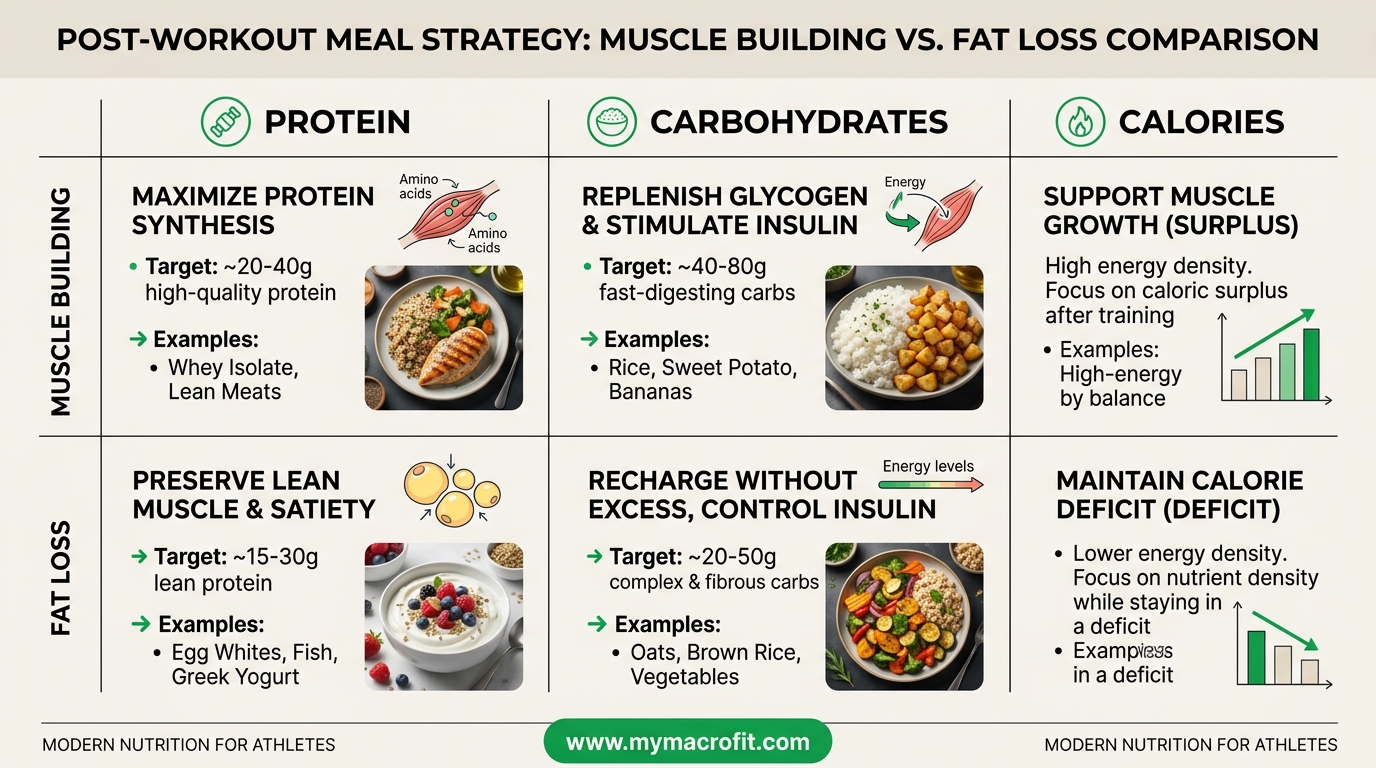 Post-workout meal comparison, protein, carbs and calories for muscle building vs fat loss goals with meal examples