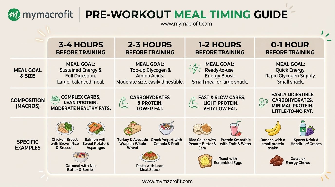 Pre-workout meal timing guide, meal size, composition and examples for different time windows before training