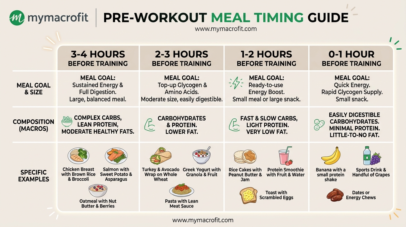 Pre-workout meal timing guide, meal size, composition and examples for different time windows before training