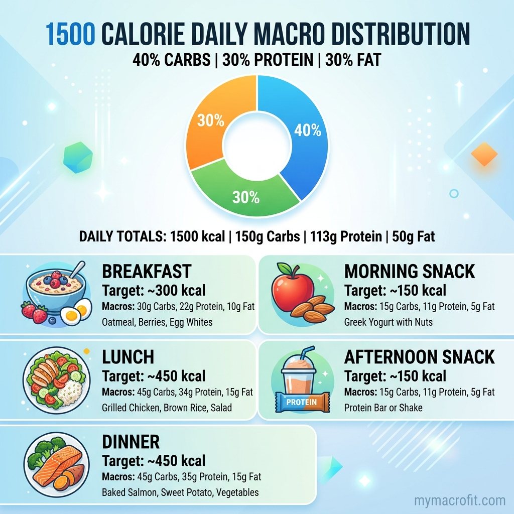 1500 calorie meal plan infographic, full day of eating breakdown with macros