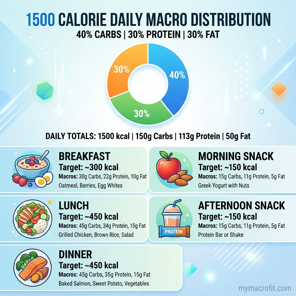 1500 calorie meal plan infographic, full day of eating breakdown with macros