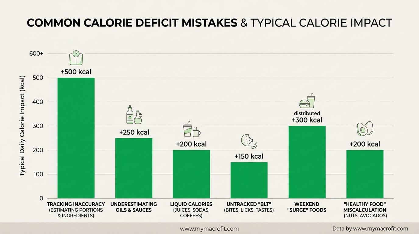 Most common calorie deficit mistakes, tracking errors, TDEE miscalculation frequency and their typical calorie impact
