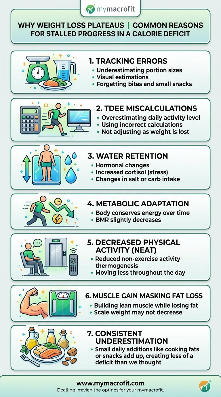 Why not losing weight in calorie deficit, tracking errors, TDEE miscalculation, water retention and plateau causes explained