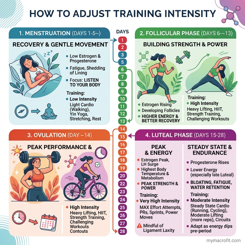 Women's fitness guide infographic — hormonal phases, macro targets, body fat ranges, and training recommendations for women