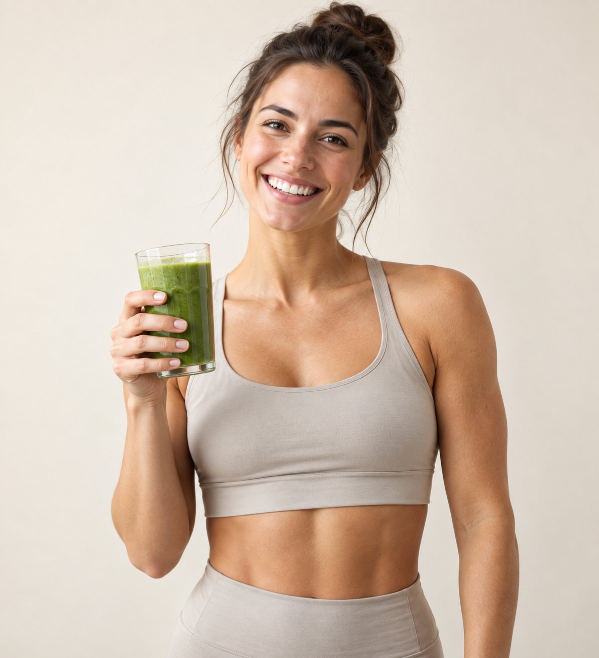 A person with a healthy meal and a green smoothie